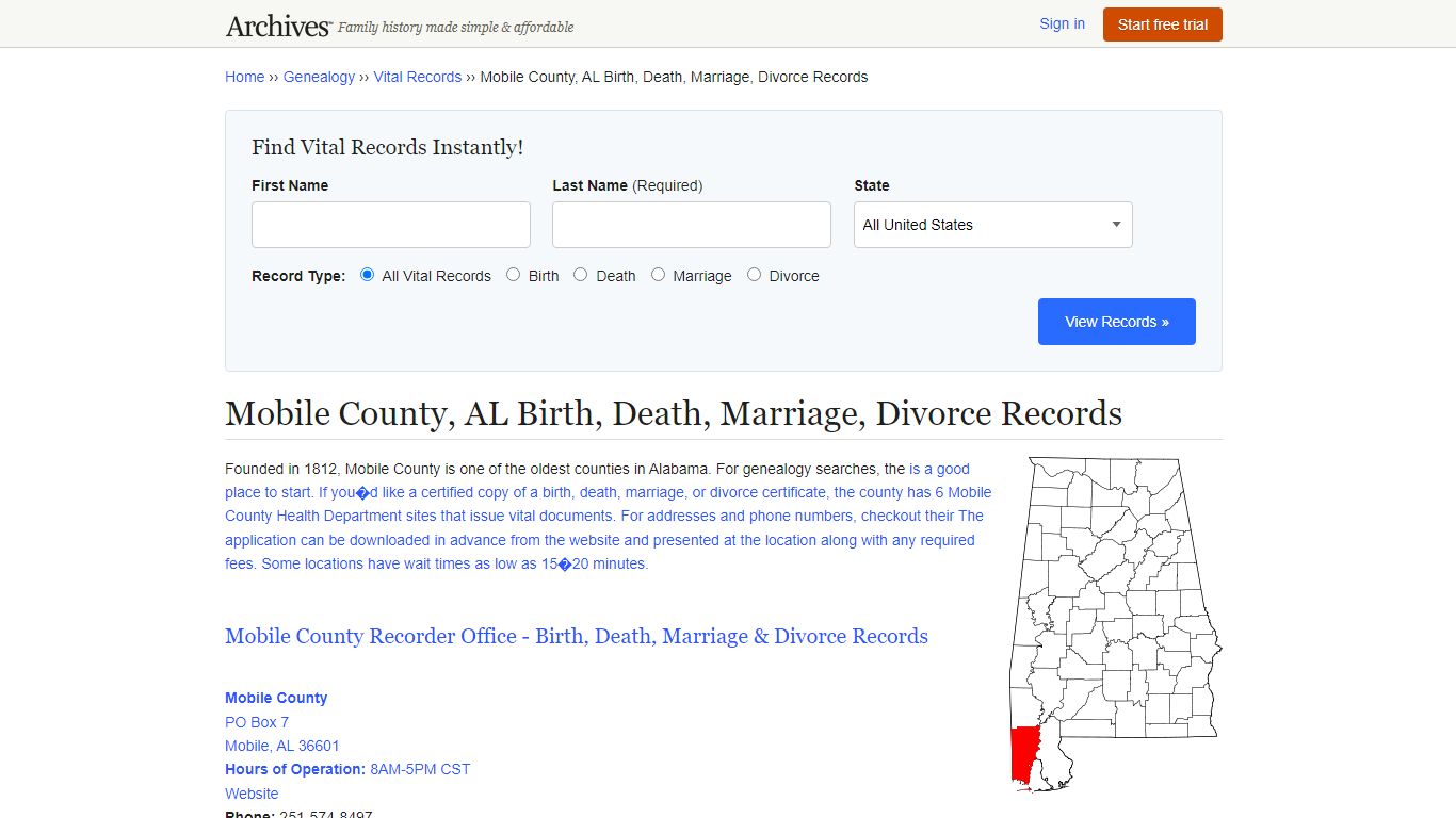 Mobile County, AL Birth, Death, Marriage, Divorce Records - Archives.com